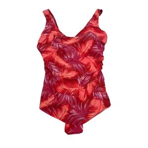 Swimsuits For All Red Tropical Leaf One Piece Swimsuit Size 18 V-Neck Vacation